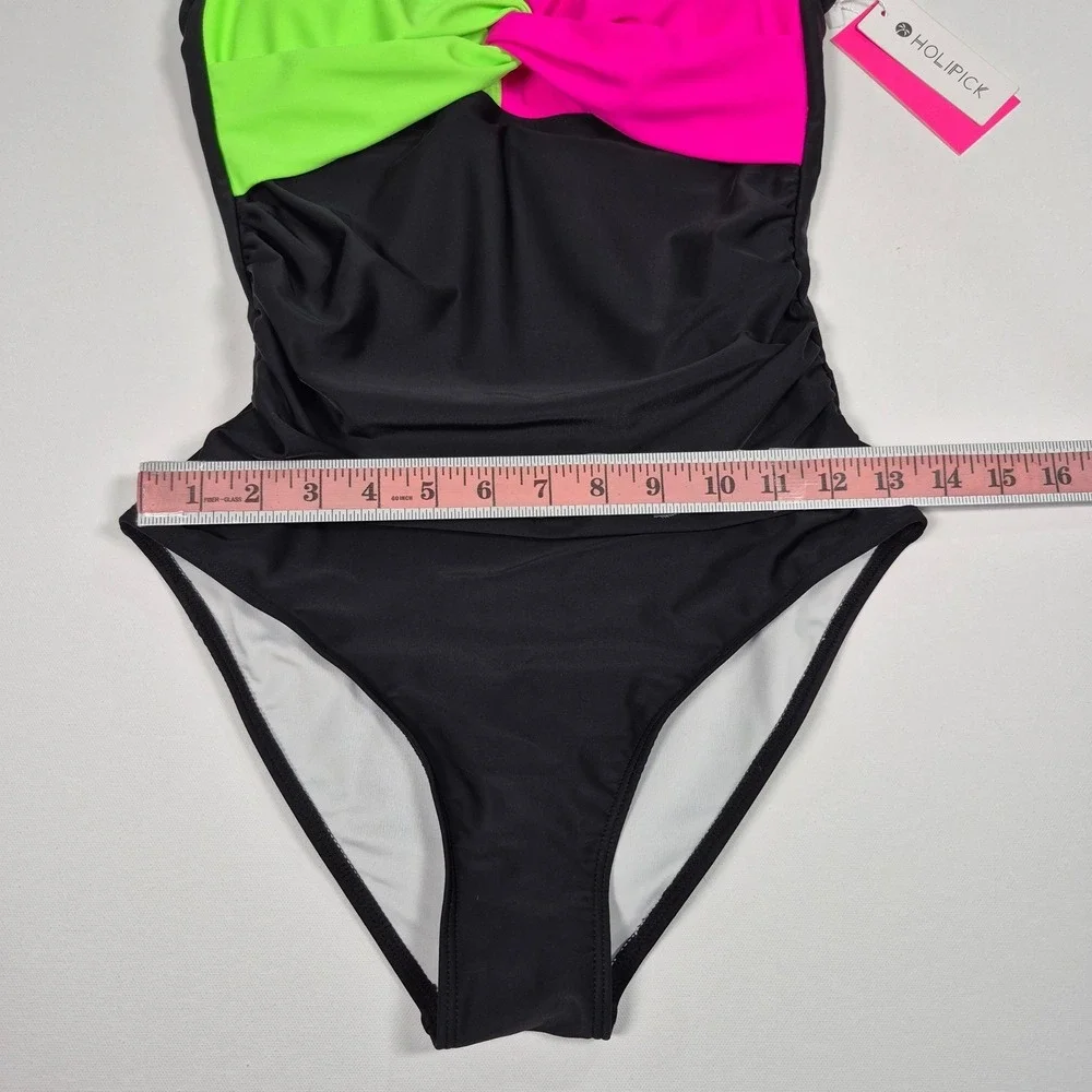 Holipick Neon Black Pink Green V-Neck Tummy Control One Piece Swimsuit Small NWT